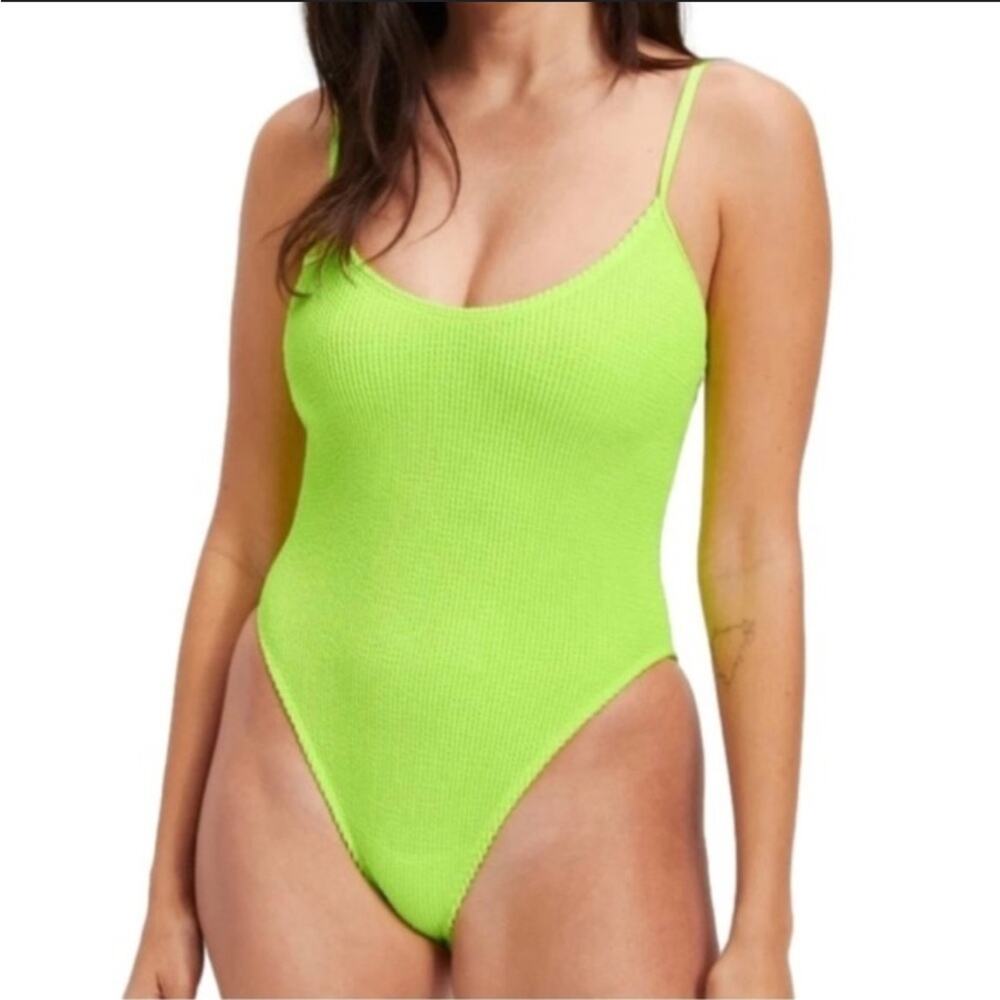 Good American Always Sunny One Piece Ribbed Swimsuit in Electric Lime/Yellow